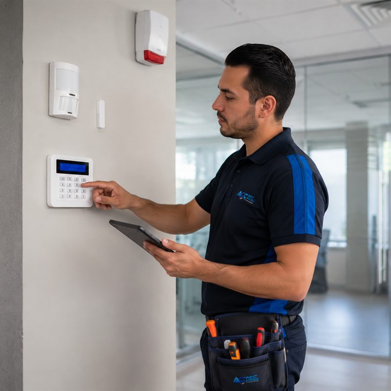 Técnico de ACC Technology programando un teclado de alarma junto a sensor de movimiento y sirena en una oficina