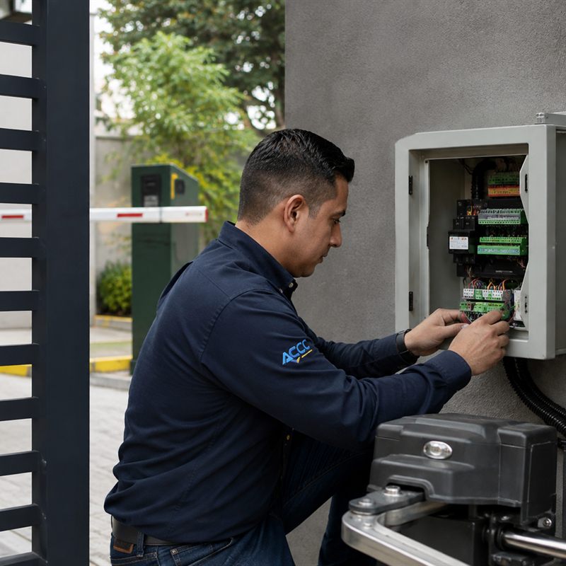 Técnico de ACC Technology conectando el tablero de control de un portón automático con barrera vehicular