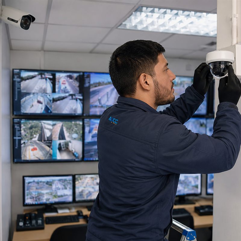 Técnico de ACC Technology instalando una cámara IP domo en una sala de control con monitores de videovigilancia