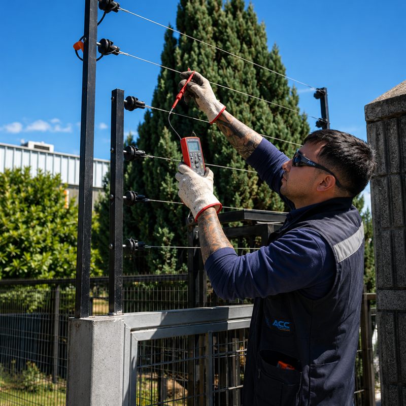 Técnico de ACC Technology midiendo con multímetro la tensión de un cerco eléctrico perimetral