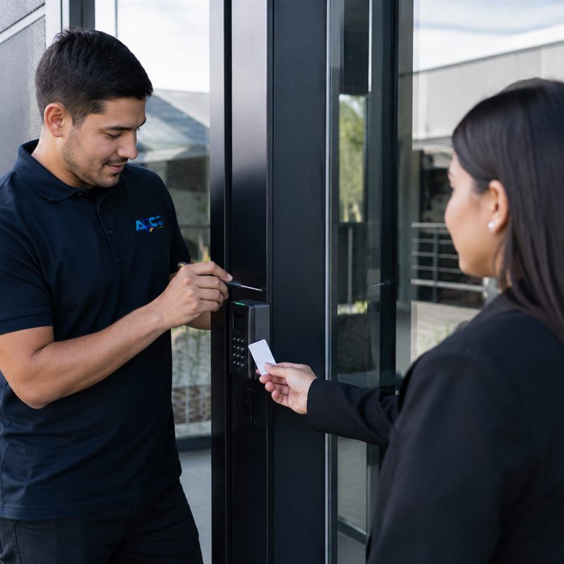 Técnico de ACC Technology configurando un lector biométrico y de tarjeta RFID en el acceso de un edificio corporativo