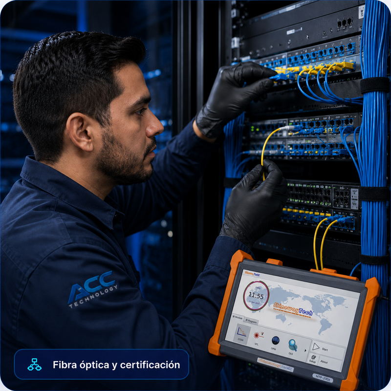 Técnico de ACC Technology midiendo un enlace de fibra óptica con el certificador frente al rack de comunicaciones