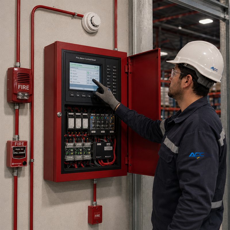 Técnico de ACC Technology revisando una central de detección de incendio y estación manual en una bodega industrial
