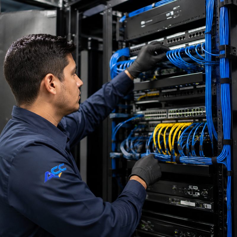 Técnico de ACC Technology ordenando el cableado estructurado de un rack de comunicaciones con patch panels y switches